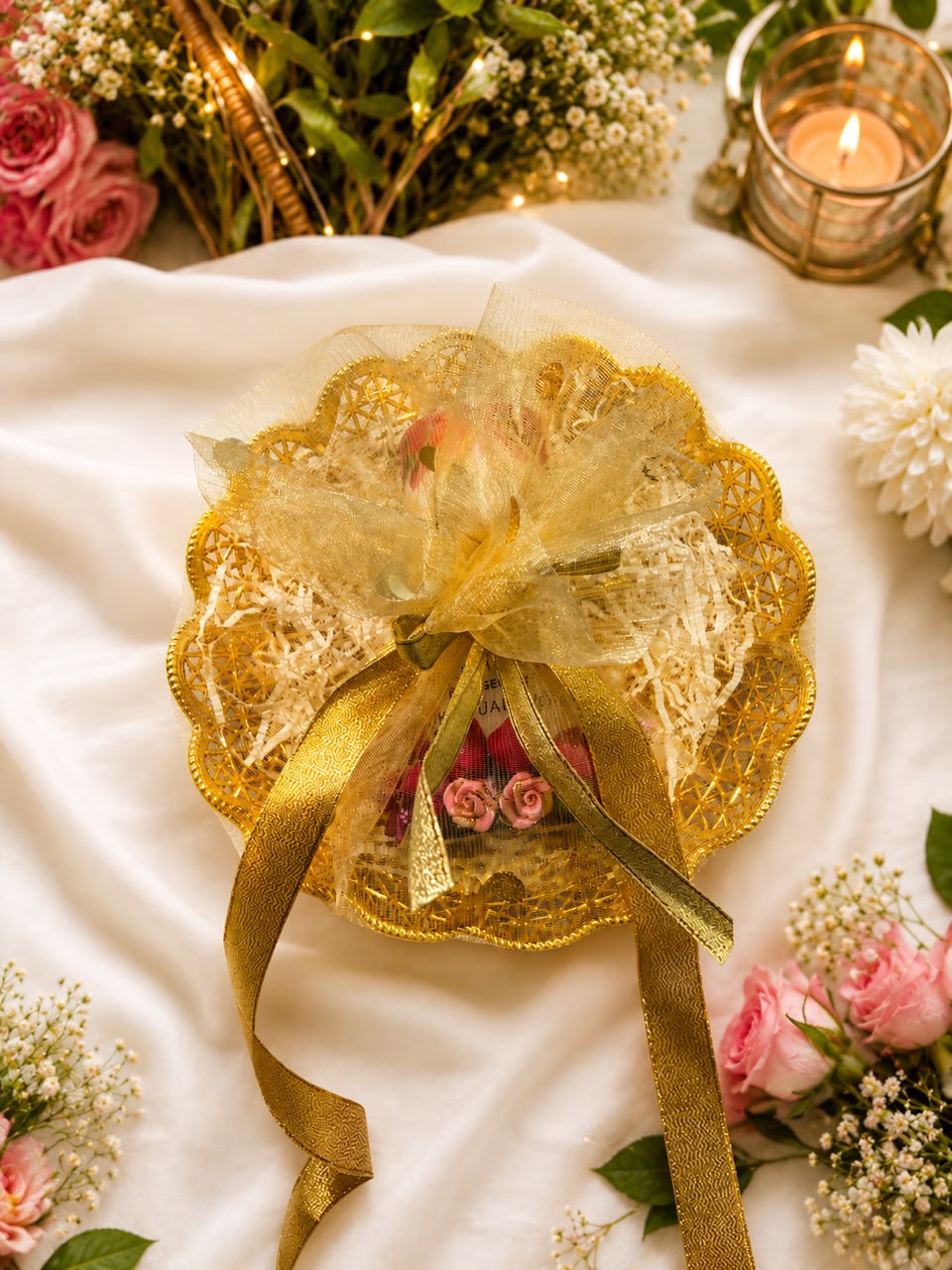 Candle gift-wrapped in gold net with shredded filler and a satin ribbon bow